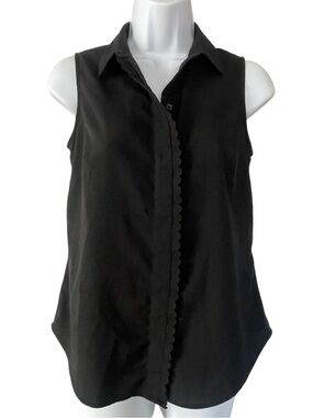 Ann Taylor Petite Black Sleeveless Button Front Blouse Quiet Luxury Office Core